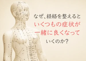 経絡人形と「なぜ、経絡を整えるといくつもの症状が一緒に良くなっていくのか？」のメッセージ画像